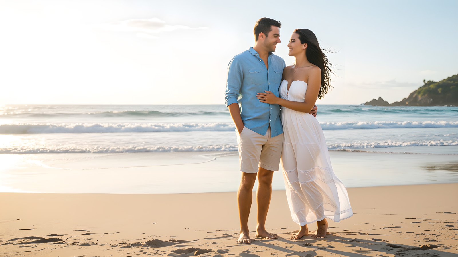 Couple on Beach with Sun to left