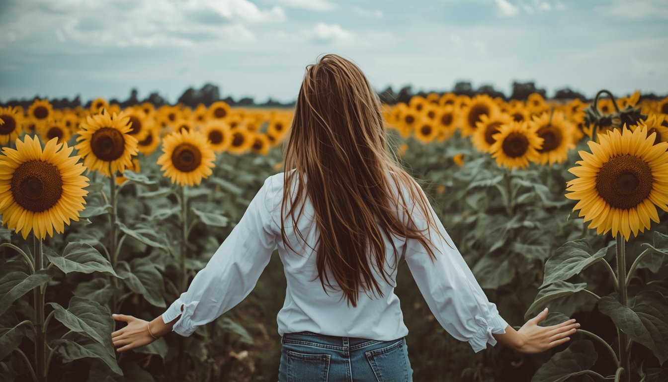 Julie looking away from Camera to Sunflowers
